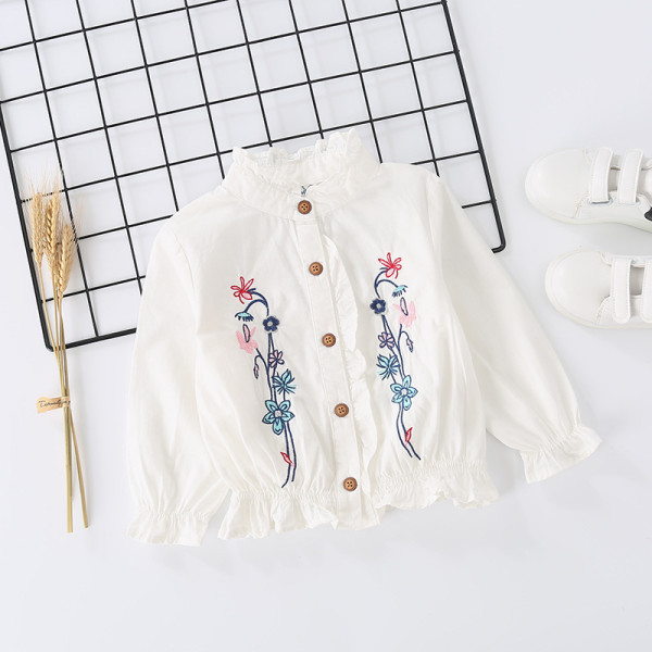 Toddler Girl Embroidery Flowers Ruffled Collar Long Sleeve Blouse