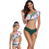 Mommy and Me Matching Swimwear Prints Flowers Leafs Rufflles One Shouldered Bikini Swimsuit