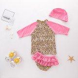 Girls' Leopard Print Long Sleeve Top and Rufflles Shorts With Swim Cap