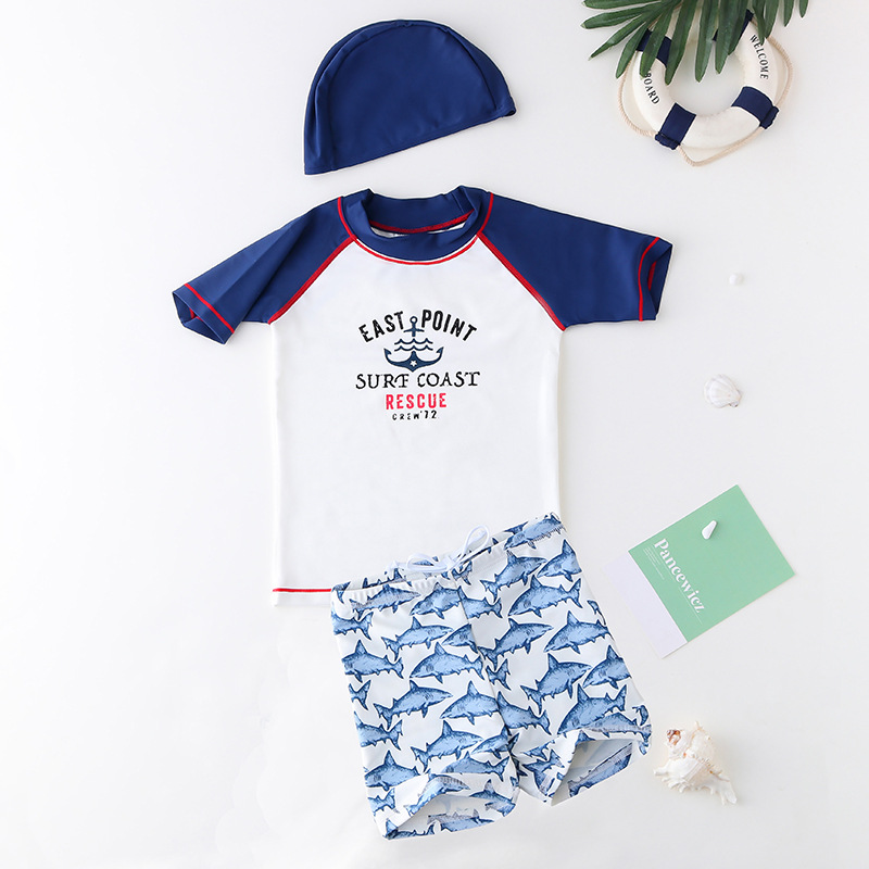 Kid Boys Print Slogan Swimwear Sets Short Sleeve Top and Shark Trunks ...