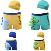 Kid Boys Print 3D Dinosaur  Swimwear Trunks  Swim Boxer Shorts With Swim Cap