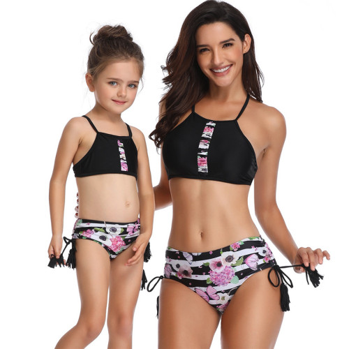 Mommy and Me Matching Swimwear Prints Flowers Tassels Bikini Swimsuit