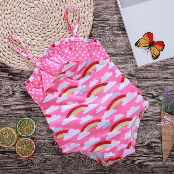 Kid Girls' Rainbow Clouds Print Dots One Piece Swimsuit Pink Beach Swimwear