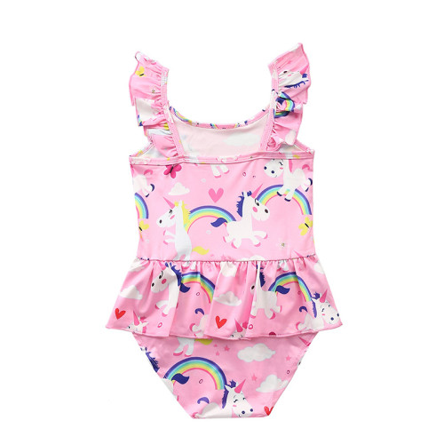 Kid Girls' Pink Ruffles Print Rainbows Unicorns One Piece Beach Swimwear