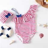 Toddler Girls' Stripes Stars One Shoulder Piece Beach Swimwear Swim Cap