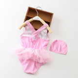 Kid Girls' Print Swan Tutu One Piece Swimsuit Pink Beach Swimwear With Swimming Cap