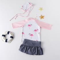 Toddler Girls' Print Pink Flamingos Two Pieces Beach Swimwear with Swim Cap