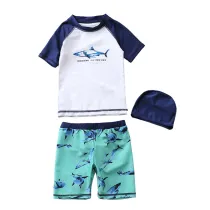 Kid Boys Print Sharks Swimwear Sets Short Sleeve Top and Shorts With Swim Cap