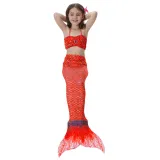 3PCS Kid Red Colorful Girls Mermaid Tail For Fancy Princess Bikini Swimsuit With Free Garland Color Random