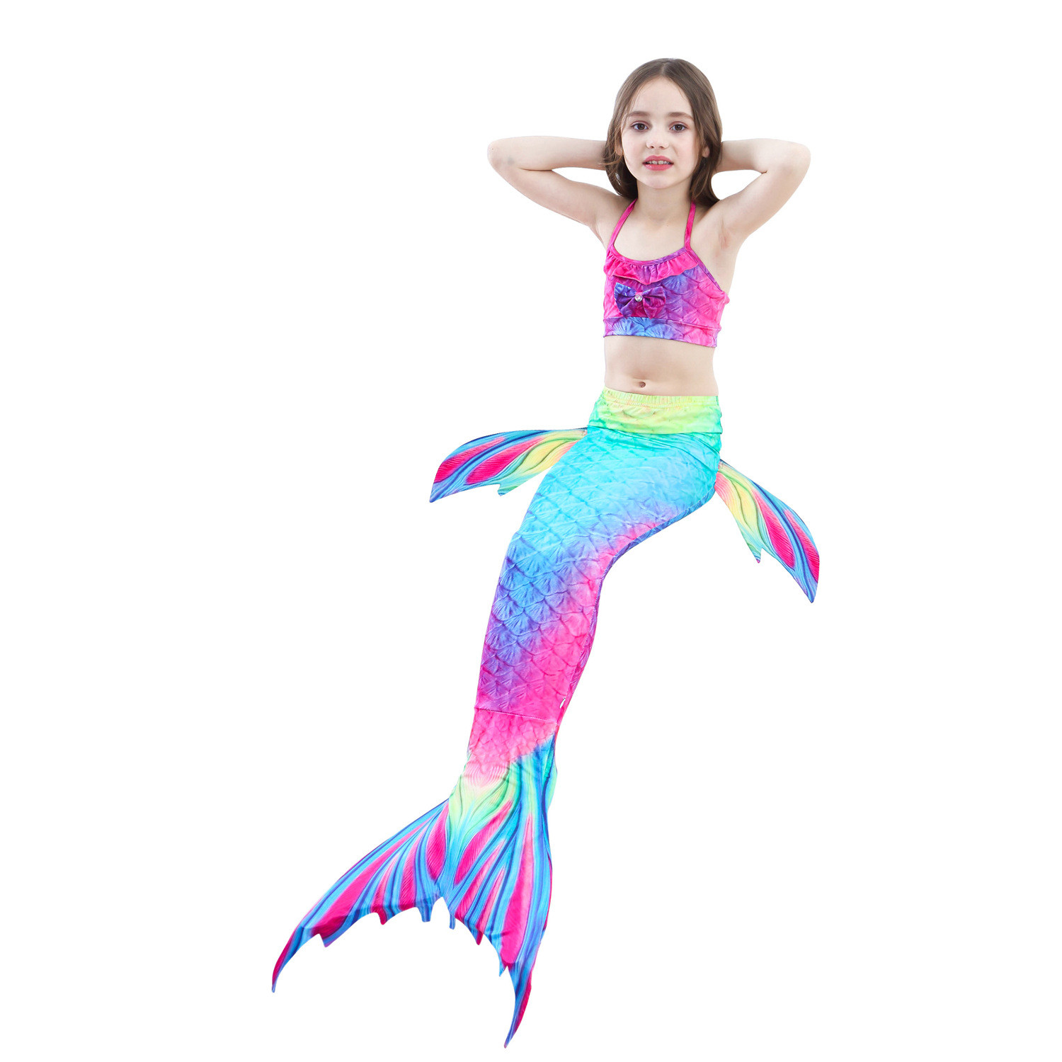3PCS Kid Girls Gemstone Ombre Peafowl Mermaid Tail Bikini Swimsuit