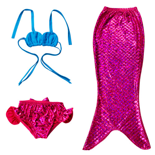 3PCS Kid Girls Pink Mermaid Tail For Fancy Princess Bikini Swimsuit With Free Garland Color Random