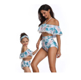 Mommy and Me Matching Swimwear Prints Flowers Rufflles Pom-pom Off Shoulder Bikini Swimsuit