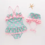 Toddler Girl Bowknot Print Pink Dots Swimsuit With Swim Cap