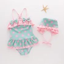 Toddler Girl Bowknot Print Pink Dots Swimsuit With Swim Cap