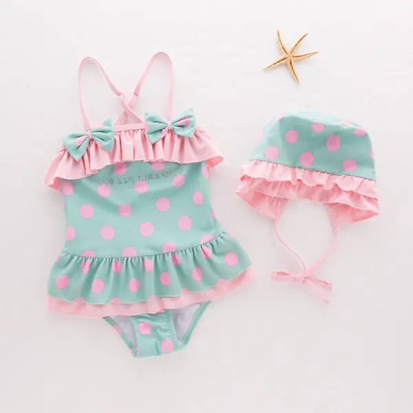 Toddler Girl Bowknot Print Pink Dots Swimsuit With Swim Cap
