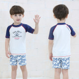 Kid Boys Print Slogan Swimwear Sets Short Sleeve Top and Shark Trunks With Swim Cap