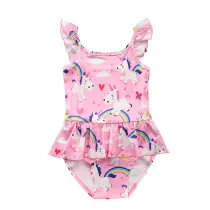Kid Girls' Pink Ruffles Print Rainbows Unicorns One Piece Beach Swimwear