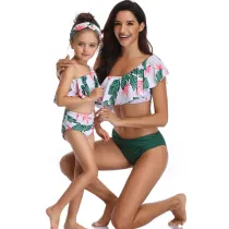 Mommy and Me Matching Swimwear Prints Flowers Leafs Rufflles One Shouldered Bikini Swimsuit