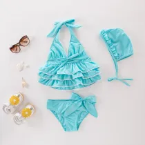 Kid Girl Rufflles Bowknot Bikinis With Swim Cap