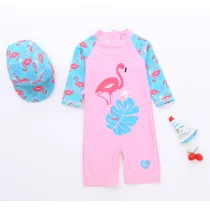 Long Sleeve Pink Flamingos Swimsuit With Swim Cap 0-6 Years