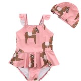 Kid Girls' Pink Ruffles Print Horses One Piece Beach Swimwear With Swimming Cap