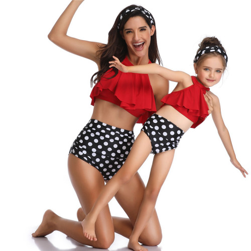 Mommy and Me Matching Swimwear Red Ruffles Dots Bikini Swimsuit