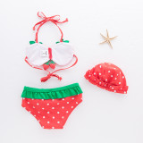 Toddler Girl Print Red Strawberry Bikinis With Swim Cap