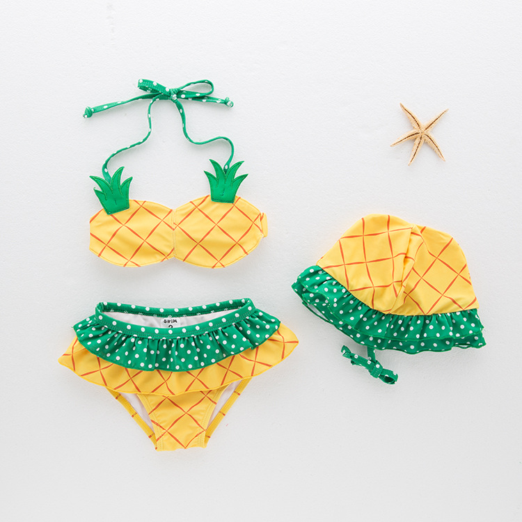 Toddler Girl Print Yellow Pineapple Bikinis With Swim Cap
