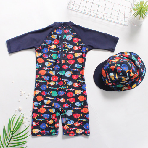 Kid Boys Print Color Fish Swimsuit With Swim Cap