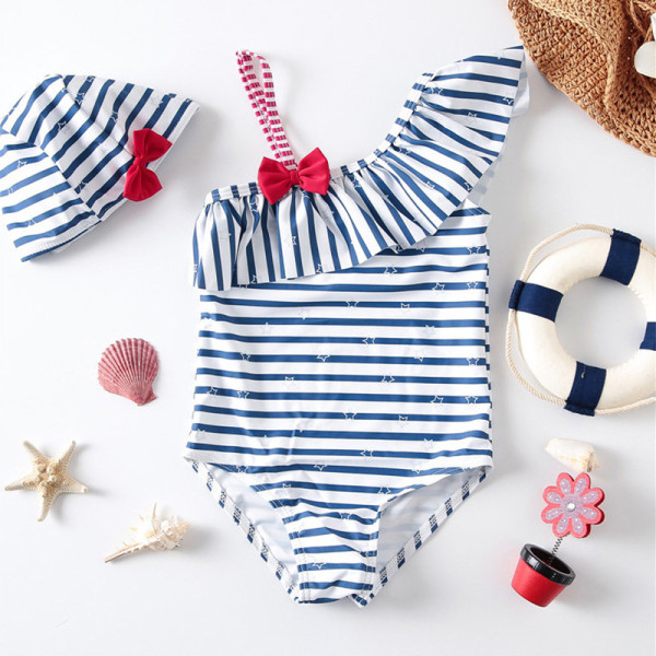 Toddler Girls' Stripes Starts One Shoulder Piece Beach Swimwear Swim Cap