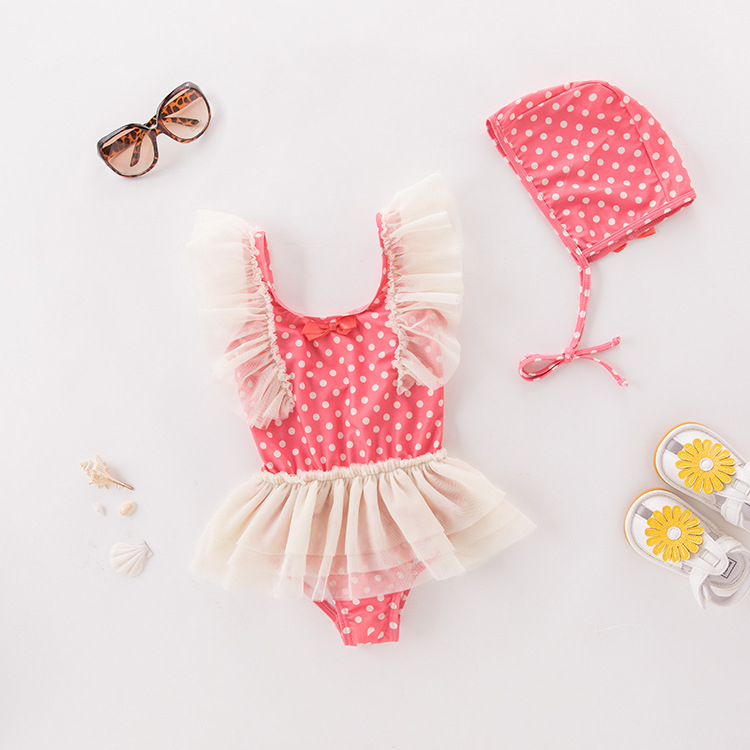 Toddler Girl Rufflles Print Dots Swimsuit With Swim Cap