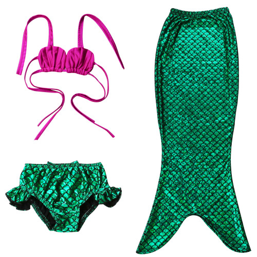 3PCS Kid Girls Green Mermaid Tail For Fancy Princess Bikini Swimsuit With Free Garland Color Random