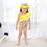 Toddler Girl One Shoulder Rufflles Print Flower Swimsuit With Swim Hat