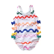 Kid Girls' Colorful Wave Print Red Dots One Piece Swimsuit Bowknot Decorated Beach Swimwear With Swimming Cap