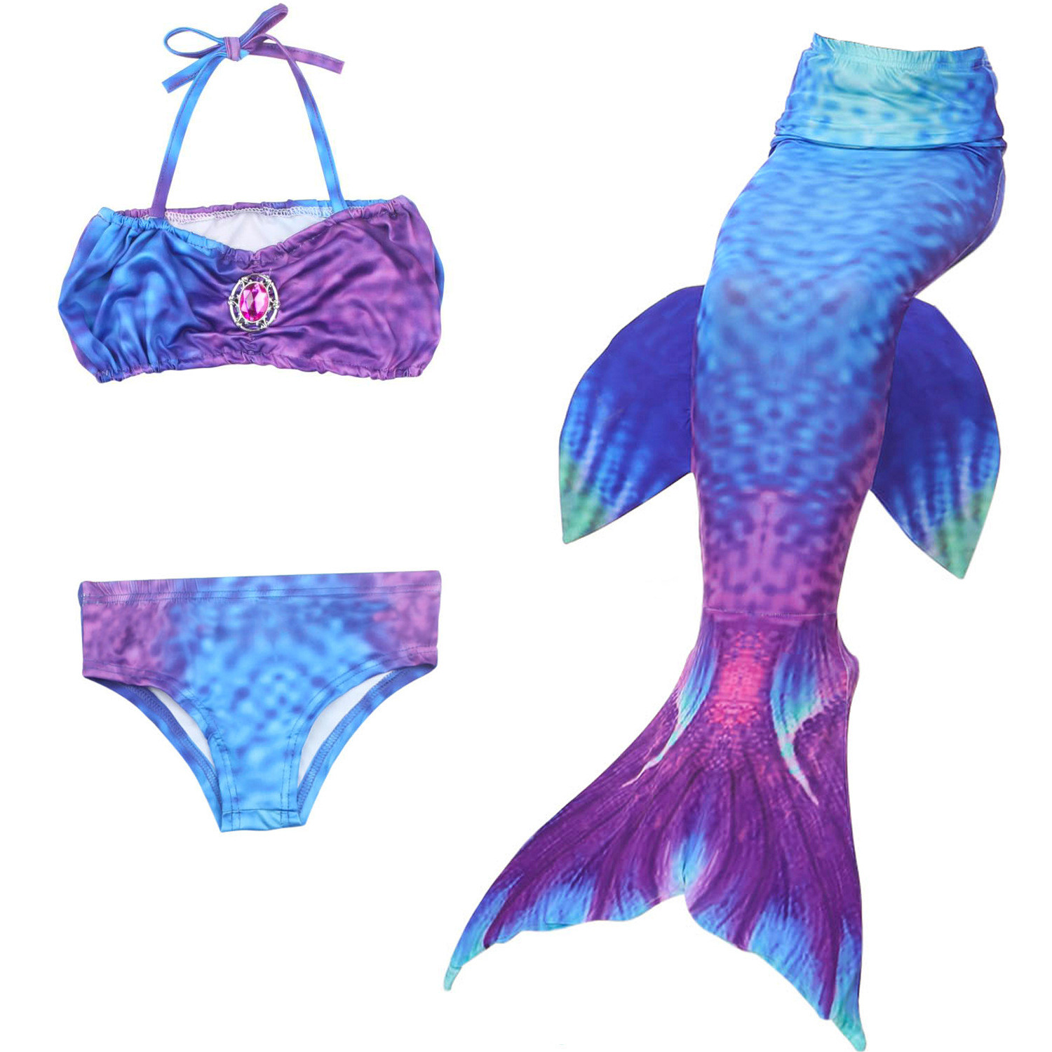 3PCS Kid Girls Gemstone Blue Mermaid Tail Bikini Swimsuit