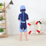 Toddler Boys Print Whale Stripes Swimsuit With Swim Cap