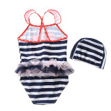 Kid Girls' Print Peppa Pigs Stripes Tutu One Piece Beach Swimwear With Swimming Cap