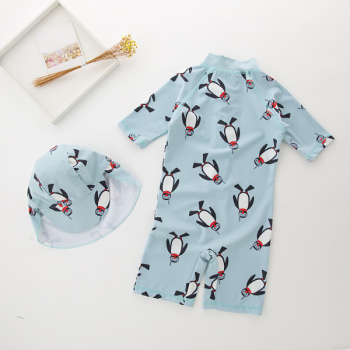 Kid Boys Print Penguin Swimsuit With Swim Cap