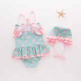 Toddler Girl Bowknot Print Pink Dots Swimsuit With Swim Cap