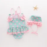 Toddler Girl Bowknot Print Pink Dots Swimsuit With Swim Cap