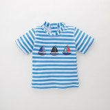 Kid Boys Blue Stripes Print Sailboat Two-pieces Swimwear With Swim Cap