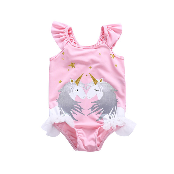 Kid Girls' Pink Ruffles Print Two Unicorns One Piece Beach Swimwear