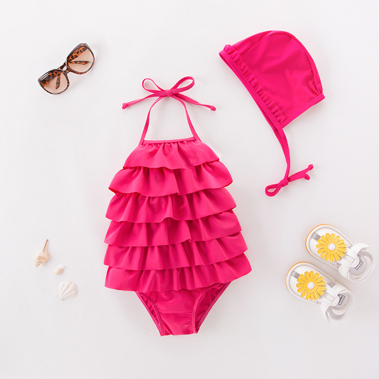 Toddler Girl Pink Rufflles Swimsuit With Swim Cap