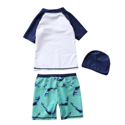 Kid Boys Print Sharks Swimwear Sets Short Sleeve Top and Shorts With Swim Cap