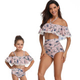 Mommy and Me Matching Swimwear Prints Leafs Rufflles Pom-pom Off Shoulder Bikini Swimsuit