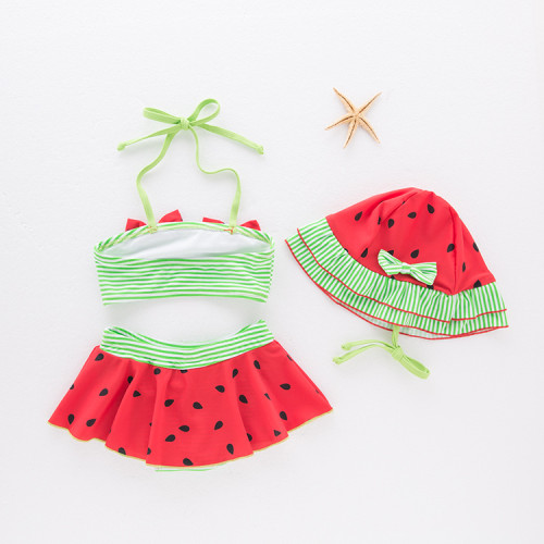 Toddler Girl Print Green Watermelon Bikinis With Swim Cap