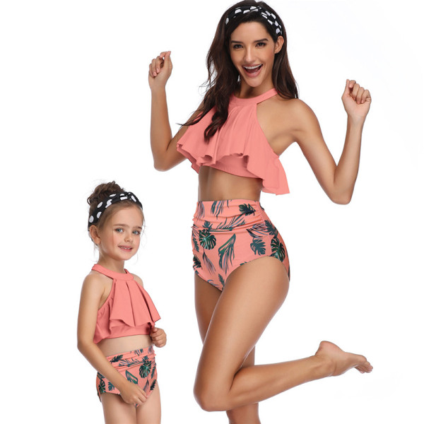 Mommy and Me Matching Swimwear Prints Leafs Rufflles Bikini Swimsuit