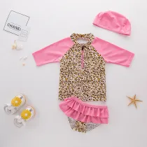 Girls' Leopard Print Long Sleeve Top and Rufflles Shorts With Swim Cap