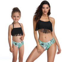 Mommy and Me Matching Swimwear Black Tassels Green Leaves Cut Out Bikini Swimsuit