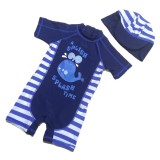 Toddler Boys Print Whale Stripes Swimsuit With Swim Cap